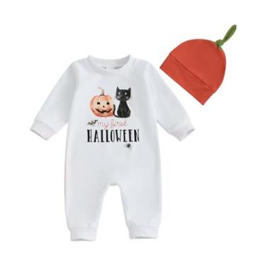 Imagem de Ledy Champswiin 2 peças de macacão neutro para recém-nascido, menino, menina, abóbora, macaquinho My 1st Halloween Clothing with Hat, My First Halloween, branco, 12-18 Meses