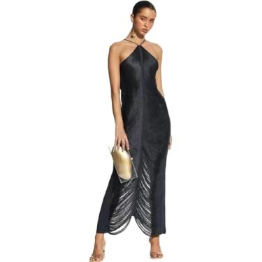 Imagem de Dresse Mulheres Elegante Brilhante Metálico Halter Midi Vestido Feminino Sem Mangas Backless Bodycon Longo Senhora Festa Clube Vestes De Noite, Black Long, M