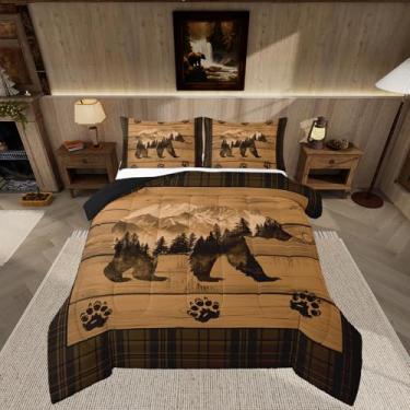 Imagem de Feelyou Conjunto de edredom rústico com urso preto, casa de fazenda, tamanho casal, para crianças, meninos, meninas, floresta, animal, vida selvagem, caça, edredom