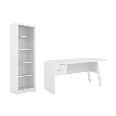 Imagem de Escritório com Mesa para Computador 2 Gavetas Com Armário Prateleiras Portas Branco - FdECOR