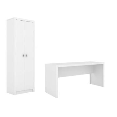 Imagem de Escritório com Mesa para Computador Simples Gavetas e Armário 2 portas Branco - FdECOR