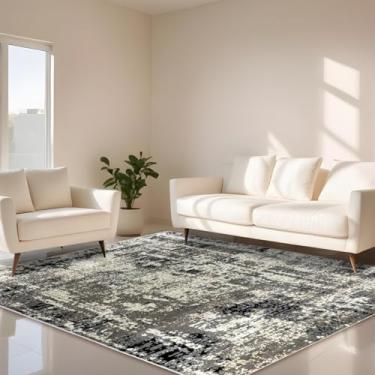 Imagem de 1 Tapete Belga Sala de Estar Sofá Grande Es Mo 200 x 250 Vr (D3Mod Bege Cinza Preto Marfim - Moderno Manchado Abstrato)