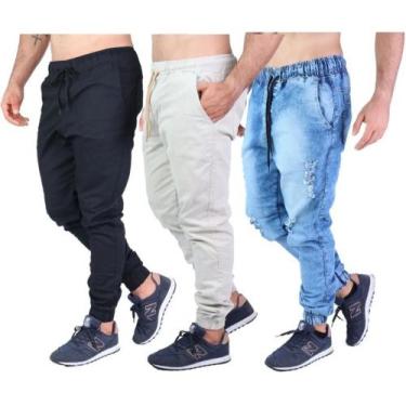 Imagem de Kit Com 3 Unid Calça Jeans Masculina Joguer Preto Azul Bege - Apollogy