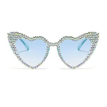 Imagem de mincl Óculos De Sol Femininos Fofos Com Formato Coração, Brilhantes, Diamantes Poligonais, Rosa, Strass, Proteção Uv (Azul)