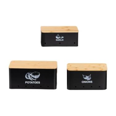 Imagem de DimyFew 3x Organizador de Despensa de Cozinha de Fazenda com Tampa de Bambu e aço Carbono para Balcão de Restaurante e Decoração de Casa, Preto