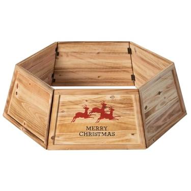 Imagem de Gardenised Coleira de árvore de Natal de madeira natural com painéis de padrão de veado, capa dobrável para caixa de anel e base festiva, alternativa perfeita para sair de férias para exibições