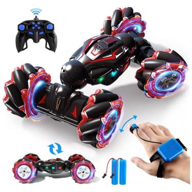 Imagem de Carrinho de Controle Remoto e Sensor de Gestos RC 4WD com Música, Luzes e Giratório de Dupla Face 360 , Jovow, Preto e Vermelho