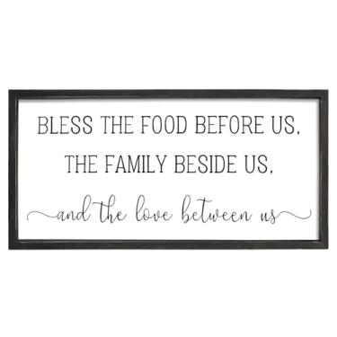 Imagem de JUMBO DECOR Decoração de parede Bless the Food Before Us Sign 61 cm × 30 cm grande fazenda sala de jantar decoração de parede vintage rústica moldura de madeira para casa cozinha arte de parede (preto