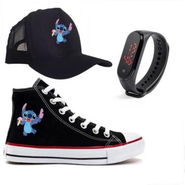 Imagem de Kit Tênis Relogio e Boné Infantil Adulto Lilo Stitch Unissex Confort -