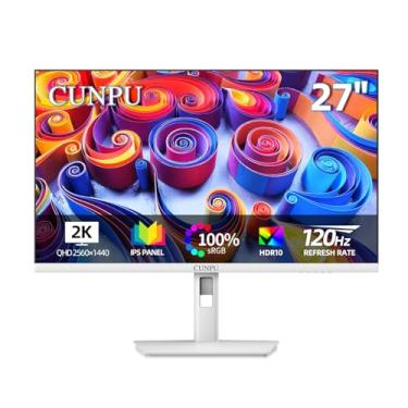 Imagem de CUNPU Monitor branco de 27 polegadas 2560x1440p 120Hz, monitor de jogos de computador com bisel ultrafino IPS, 100% sRGB, 16,7 M cores, sincronização adaptativa, HDMI/DP, VESA 100 x 100 mm, cuidados