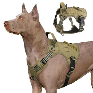 Imagem de Peitoral tático resistente para cães grandes, colete de serviço refletivo ajustável com alça de controle e 4 adesivos, peitoral militar acolchoado macio para treinamento, caminhada, caminhada (marrom