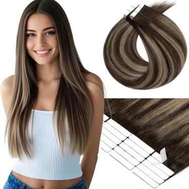 Imagem de Loxxy Extensões de cabelo humano fita adesiva de 50 cm dupla face sem costura para extensões de cabelo 20 peças 50 g raízes marrom-escuras mista marrom castanha reutilizável extensão de cabelo para