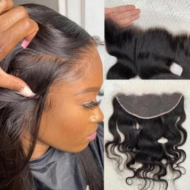 Imagem de Topnormantic Onda frontal de renda 33 x 10, invisível HD transparente renda suíça frontal pré-arrancada com cabelo de bebê, cabelo humano brasileiro grau 12A com pequenos nós únicos, parte livre de