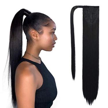 Imagem de Extensão de rabo de cavalo em extensões de cabelo humano rabo de cavalo para mulheres negras, liso, grosso, aparência natural, cabelo humano liso rabo de cavalo (50 cm)