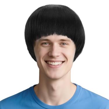 Imagem de ERDOGLY Peruca de cogumelo curta para homens, peruca sintética dos anos 60, cabelo de cogumelo engraçado anime perucas para filmes, música, fantasia, Halloween, cosplay, festa, preta