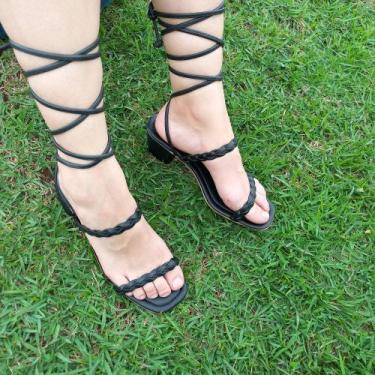 Imagem de Sandalia Feminina de Salto Medio Grosso Amarracao na Perna Tendencia -