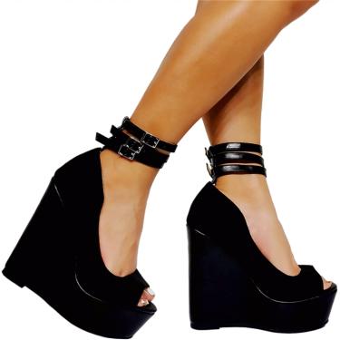 Imagem de Sandálias De Cunha Pretas Femininas Peep Toe Plataforma Salto Alto Saltos Scarpin Tira No Tornozelo Sexy Vestido De Festa De Casamento Casual Viagem Férias Sapatos Formais, Black, 42 EU