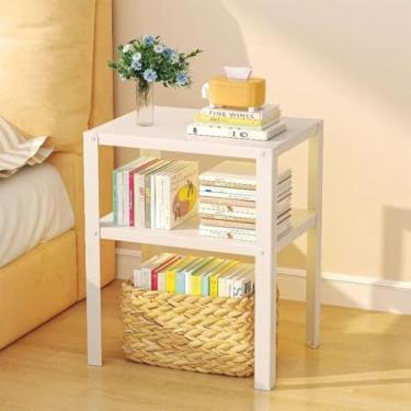 Imagem de ZIYOUGOU Mesa de borda de sofá, moldura de ferro preta com tampo de bambu, armário de armazenamento de canto, 38 x 25 x 50 cm, formato oblongo (branco)