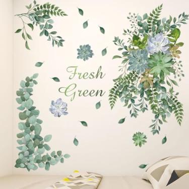 Imagem de ZARROUEA Decalques de parede de videira verde pendurados, plantas suculentas, glicínias, flores florais, borboletas, pássaros, adesivos de parede, vinil autoadesivo, removível, sala de estar, sofá, TV