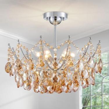 Imagem de Luminária de teto de cristal, lustre moderno de montagem embutida, 6 luzes de cristal perto da luz de teto, luminárias cromadas para quarto, cozinha, entrada, banheiro, sala de jantar, sala de estar