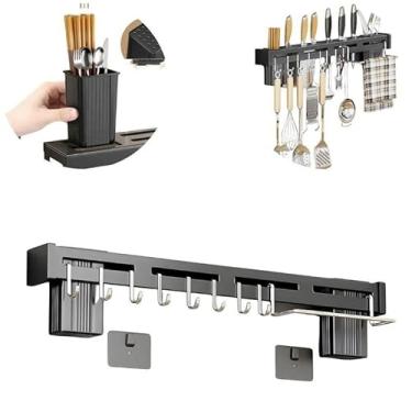 Imagem de Suporte de Cozinha Porta Talheres com 6 Ganchos em Inox para Organização de Talheres, Facas e Utensílios - Cinza