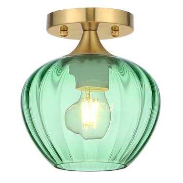Imagem de QianZhan Luminária de teto de vidro verde, luminária de teto moderna pequena de 17,78 cm com abajur de vidro dourado escovado, luminárias de teto para corredor, entrada, lavatório, banheiro