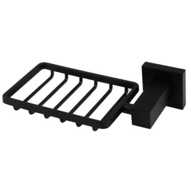 Imagem de Saboneteira Quadrada Luxo para Banheiro, Preto Fosco, Metal, Design Moderno, Suporte de Parede, 14x7,5x10cm