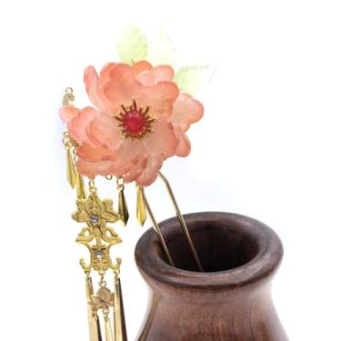 Imagem de Cayyoomm Bastão de cabelo vermelho escuro de resina com folhas azuis, elegante grampo de cabelo chinês Hanfu para mulheres, grampo de cabelo de metal para cabelos longos, acessório de cabelo vintage