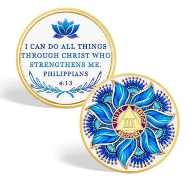 Imagem de CHURYUML Moeda de sobriedade de 19 anos de meditação mandala - Chip sóbrio de lótus com Filipenses 4:13, medalhões de recuperação de moedas AA, símbolo de afirmação, presentes de sobriedade para
