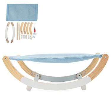 Imagem de Pssopp Cama de gato de madeira espreguiçadeira de gato cama de balanço para salão interno cama suspensa de animais de estimação para inverno e verão (azul)