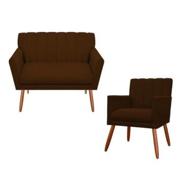 Imagem de Kit Namoradeira + 1 Poltrona Decorativa Cecília Suede Marrom Pés Madei