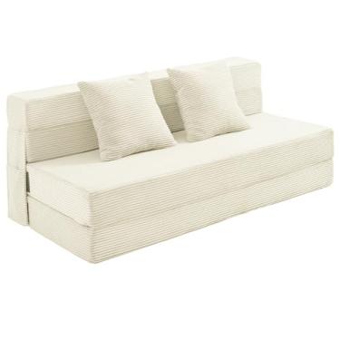 Imagem de JKMAX Sofá-cama dobrável Queen Size - Cadeira conversível 4 em 1 com dois travesseiros - Sofá futon de espuma viscoelástica de alta densidade - Cama dobrável para sala de estar e quarto (bege)