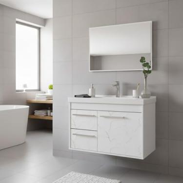 Imagem de Kit Armário para Banheiro 60cm MDF com Cuba + Espelheira - Potenza (Branco)