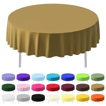 Imagem de CC-SLZP Pacote com 12 toalhas de mesa de plástico premium, 213 cm, descartáveis, redondas, à prova de vazamento, para festas, piquenique, acampamento, aniversário, remoção de ervas daninhas (douradas