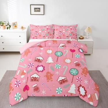 Imagem de jejeloiu Jogo de cama casal com estampa de bengalas doces Happy Christmas, para crianças, meninos, meninas, homem de gengibre, edredom com tema de inverno, microfibra 3 peças com 2 fronhas