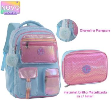 Imagem de Kit Mochila Costas Material Brilho Metalizado Com Chaveiro Pompom Com 