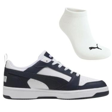Imagem de Kit Tênis Casual Masculino Puma Rebound V6 Low E Meia, 41, Branco, Mar