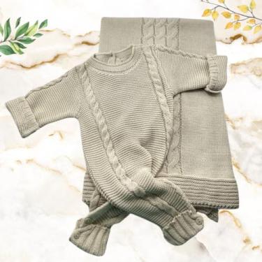 Imagem de SAIDA MATERNIDADE 2 PÇS DE TRICOT LUXO MACACÃO E MANTA MENINO E MENINA (Areia)