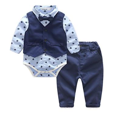 Imagem de Kimocat Conjunto de ternos azuis bebês de manga comprida + colete + gravata borboleta + calça, Azul, 12-18 Meses