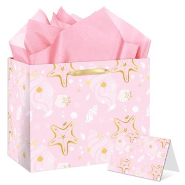 Imagem de Bolsa de presente grande oceano rosa - lembrancinhas de festa de aniversário de animais marinhos com cartão e papel de embrulho - Sacos de presente com tema de vida marinha para meninas, chás de bebê