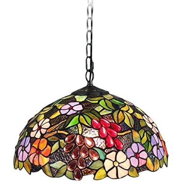 Imagem de Lustre estilo country de 16 polegadas, luminária pendente de vidro colorido, design floral, uva, decoração para sala de estar, iluminação suspensa