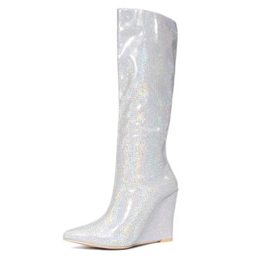 Imagem de NEWBELLA Botas femininas de cano alto com glitter - salto plataforma com lantejoulas brilhantes e bico fino para festas e noites, Prata, 40