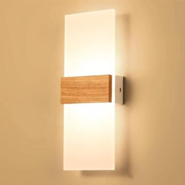 Imagem de Luminárias de parede LED de três cores reguláveis para quarto, abajur nórdico criativo redondo de acrílico, luminária de parede, corpo de lâmpada de madeira original, arandelas de parede par