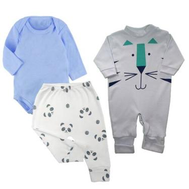 Imagem de Kit Roupa de Bebê 3 Pças Body Macacão Mijão Bebê Confortável - Koala B