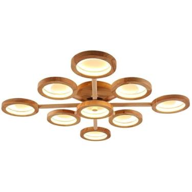 Imagem de Lustre Sputnik rústico de madeira com luzes LED reguláveis para quarto industrial, sala de estar, cozinha, luminária de teto semi-embutida para sala de jantar, lavanderia, 9 luzes