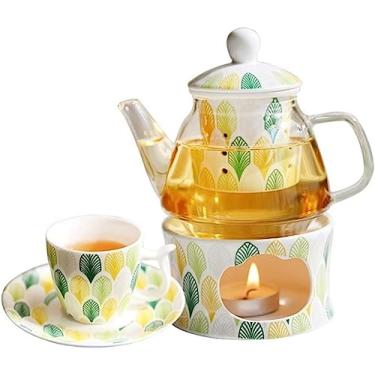 Imagem de Conjunto de chá, conjunto de bule de chá, conjunto de chá de cerâmica de 6 peças, copos e pires europeus para tarde, com aquecedor de vela, conjunto de chá de flor de porcelana, conjunto de chávenas
