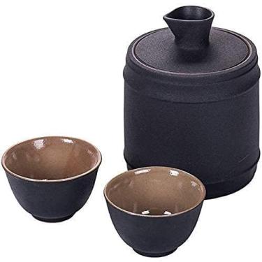 Imagem de JOEUQK Conjunto tradicional de copos de saquê, conjunto de saquê, conjunto de 4 peças de taças de vinho de cerâmica pitoresca, inclui pote de saquê de 340 g, copos de saquê de 80 ml, para frio/quente