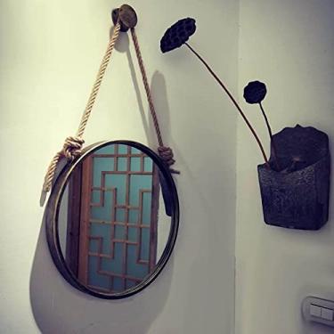 Imagem de EHVYBDX Espelho cosmético com corda de cânhamo para pendurar com moldura de metal preto, espelho de parede para banheiro maquiagem espelho criativo espelho decorativo espelho grande círculo