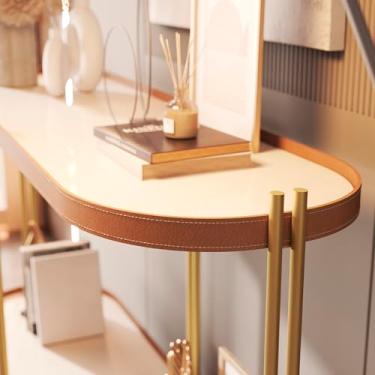 Imagem de Manhattan Aparador Industrial Moderno, Tampo MDF com Acabamento em Couro, Estrutura Metálica Preta, 111x80x36.5cm, 2 Prateleiras, Design Versátil para Sala de Estar e Jantar (Off White/Bronze)