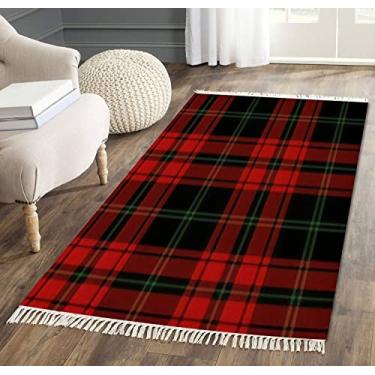 Imagem de Tapete de área com borlas verde vermelho preto tartã xadrez escocês sem costura Natal novo tecido franja tapete de chão almofada pátio corredor tapete minimalista decoração de casa sala de estar